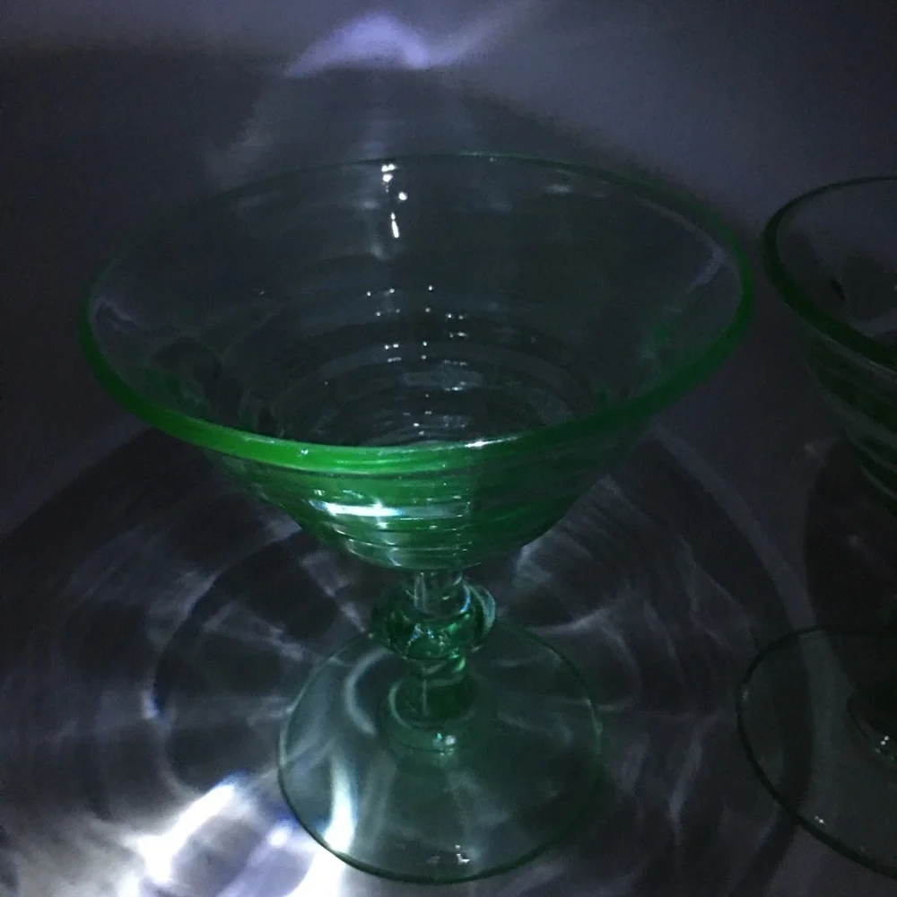 Vintage Uranium Depression Green Glass Bundle of 2 Martini Glasses Dessert Dish